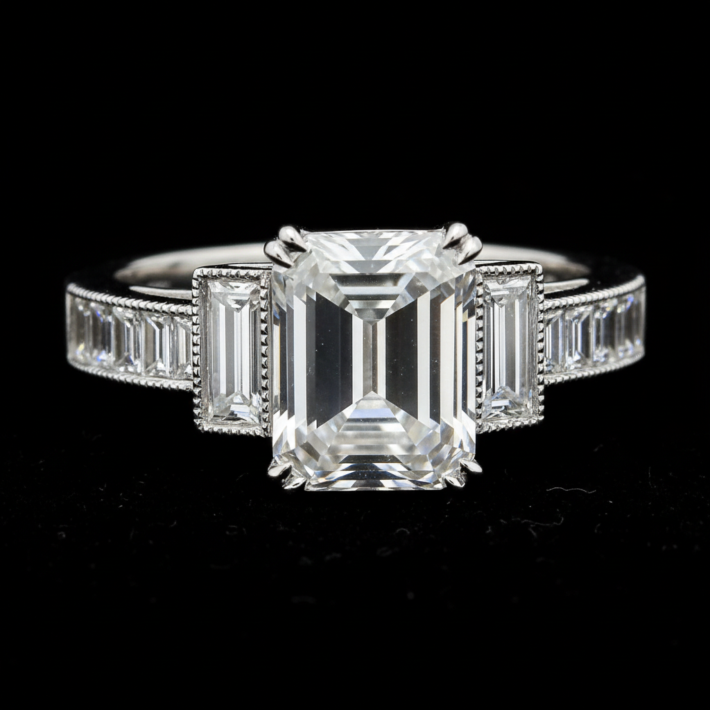 Emerald Cut — White Gold Baguette Sides