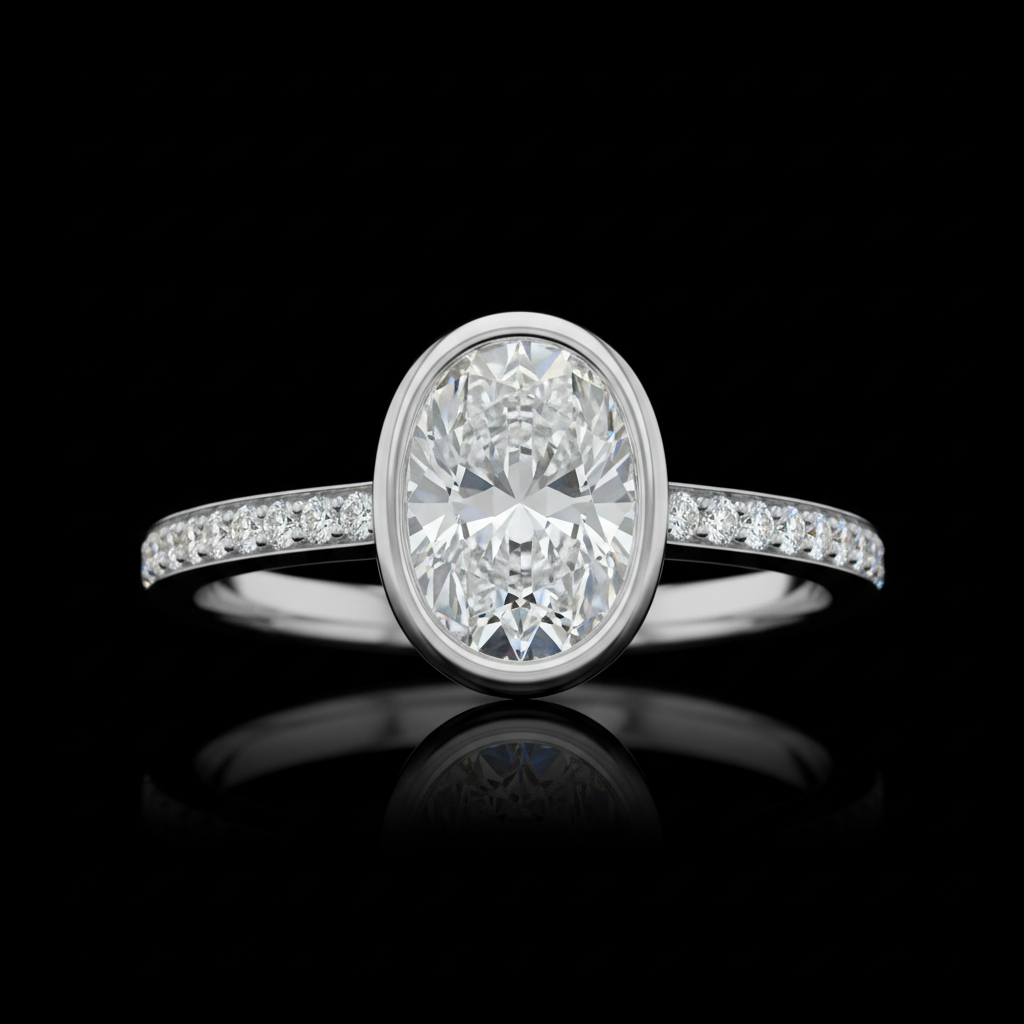 Oval Diamond — Platinum Bezel Pavé Band