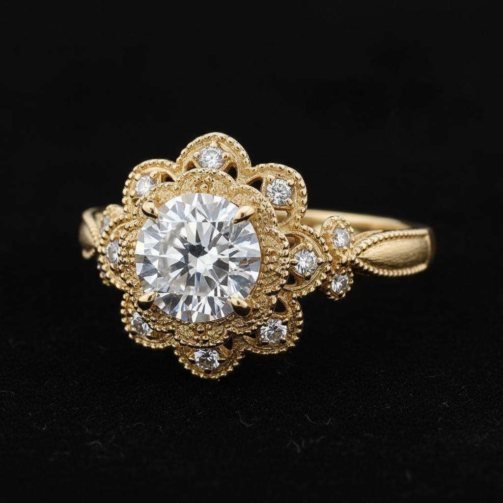 Round Diamond — Yellow Gold Vintage Floral