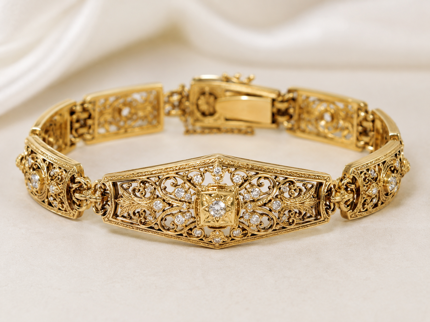 Ornate gold filigree diamond estate bracelet