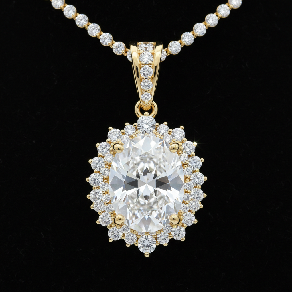 Diamond halo pendant necklace yellow gold oval