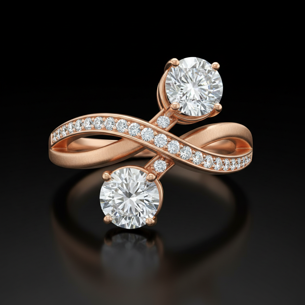 Diamond bypass ring rose gold two stone