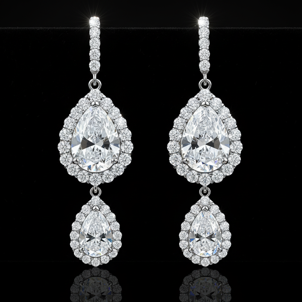Diamond drop earrings white gold pear halo