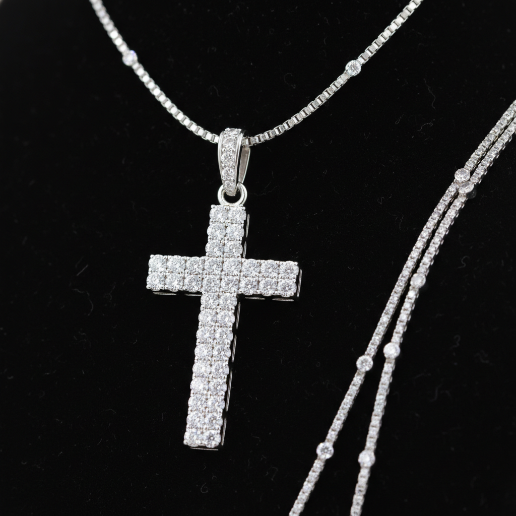 Diamond cross pendant necklace white gold pavé