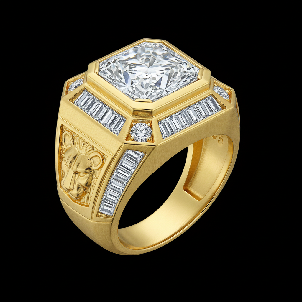 Men's gold signet ring with diamond center stone