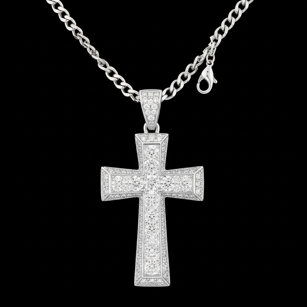 Men's diamond cross pendant necklace white gold pavé