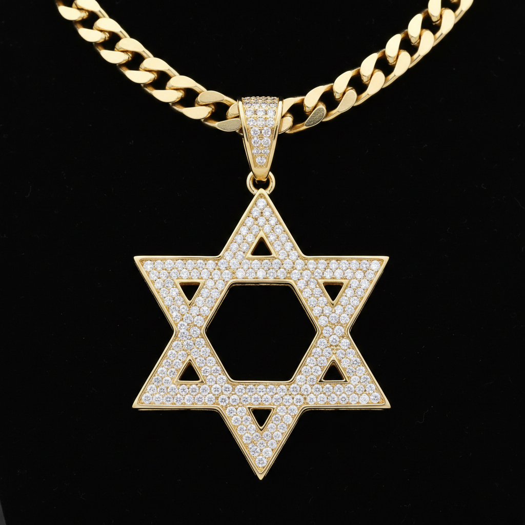 Men's diamond Star of David pendant yellow gold chain