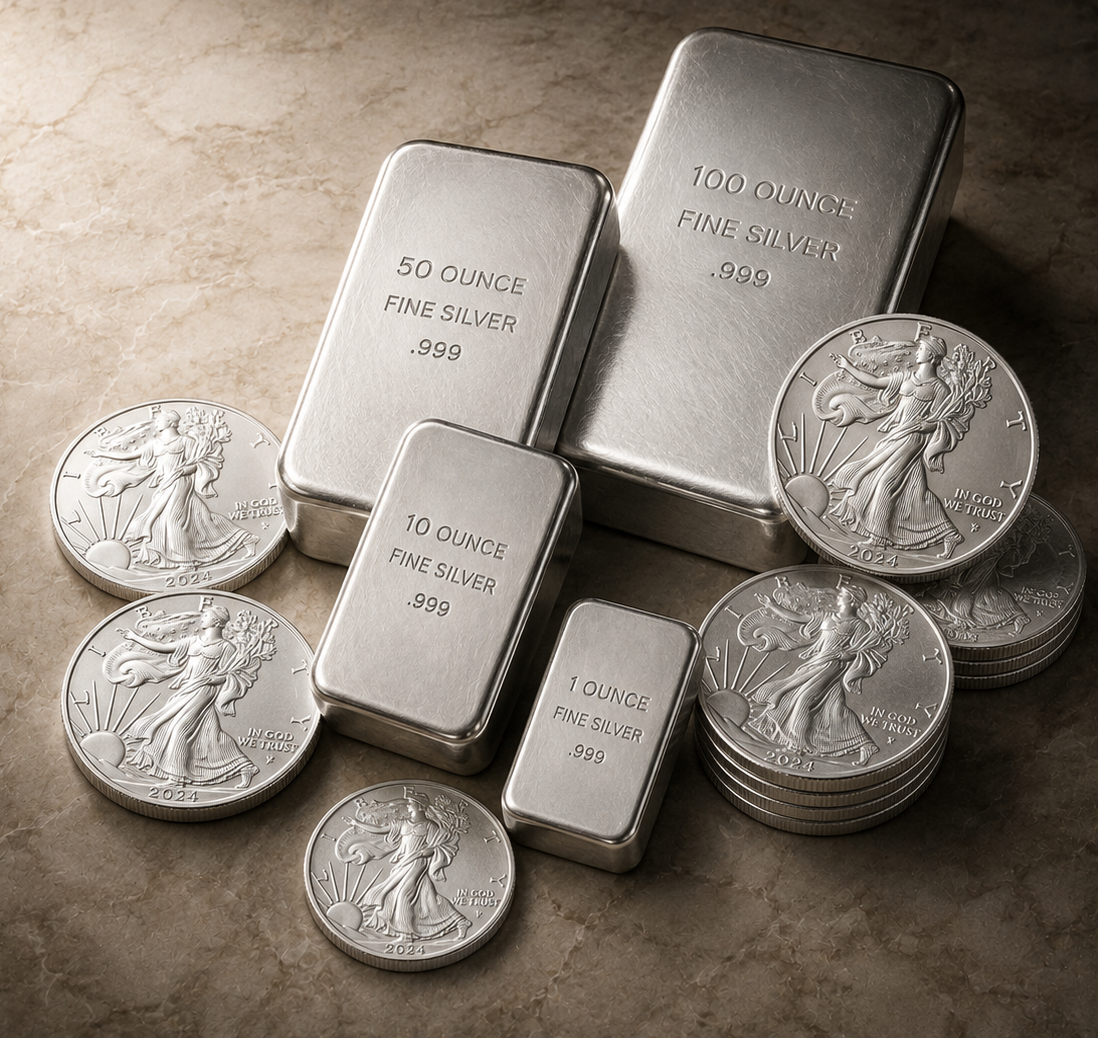 Silver bullion bars and coins