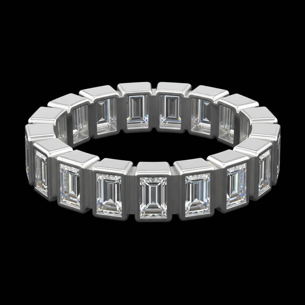 Emerald cut bezel set diamond eternity anniversary band white gold