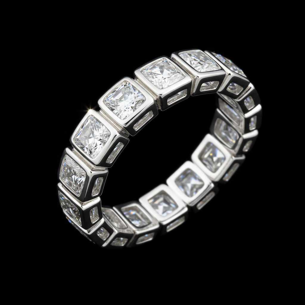 Cushion cut diamond bezel set eternity band white gold