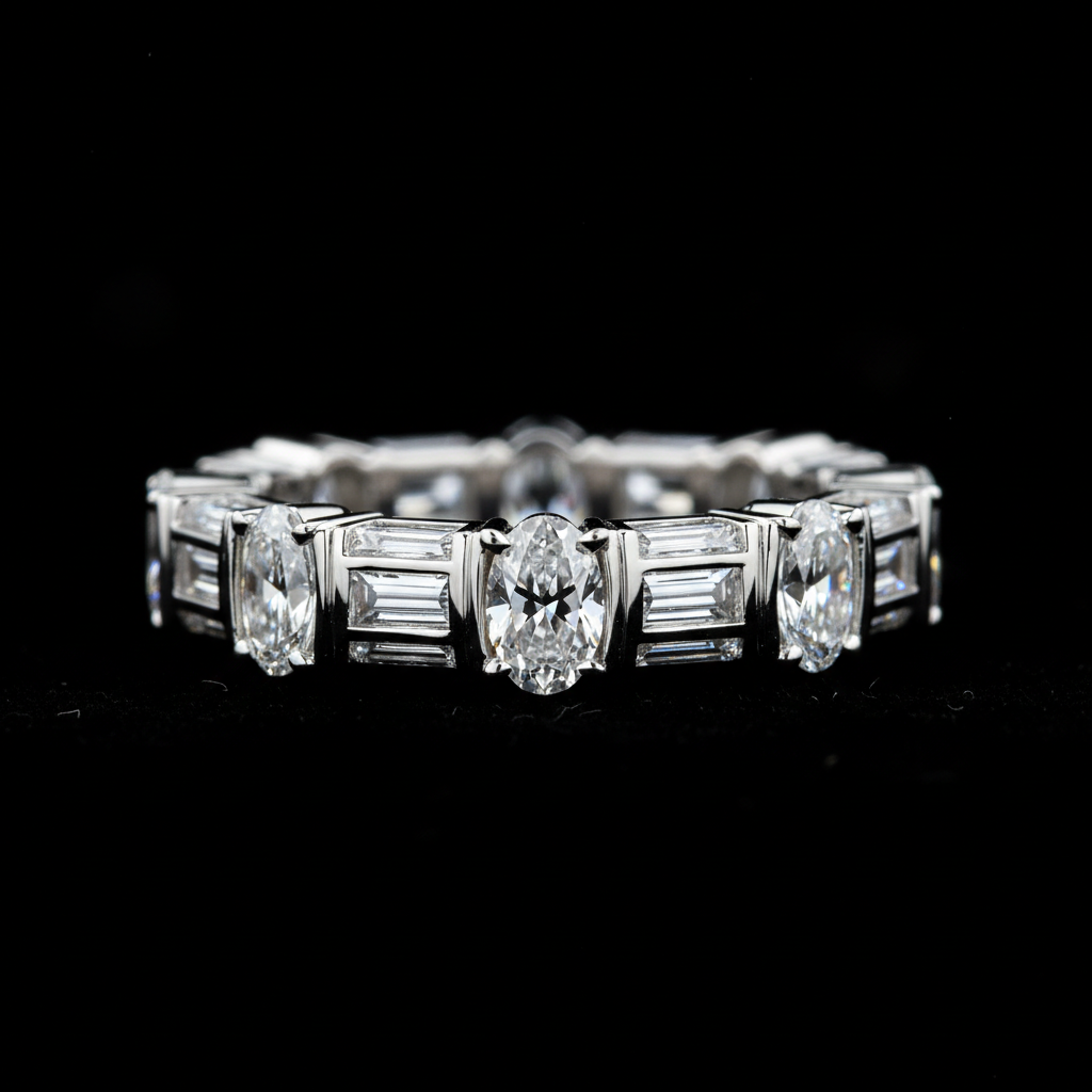 Oval and baguette diamond alternating anniversary band white gold