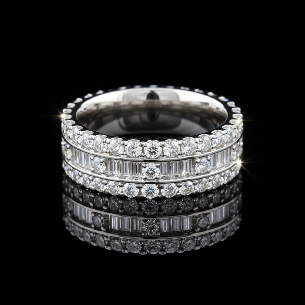 Wide baguette and round diamond channel set wedding band white gold
