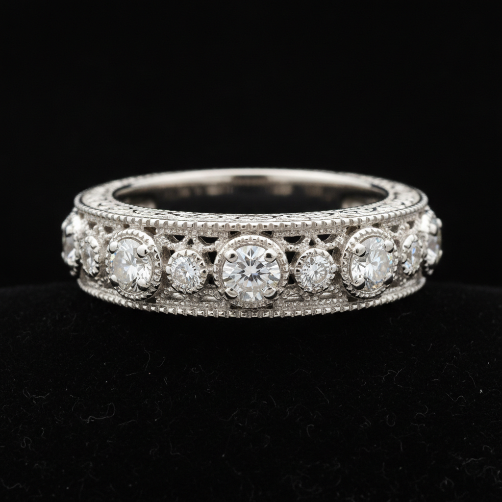 Vintage filigree milgrain diamond anniversary band white gold