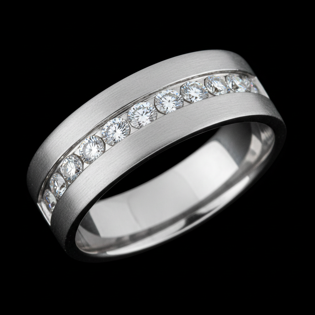 Men's channel set diamond wedding band white gold brushed finish