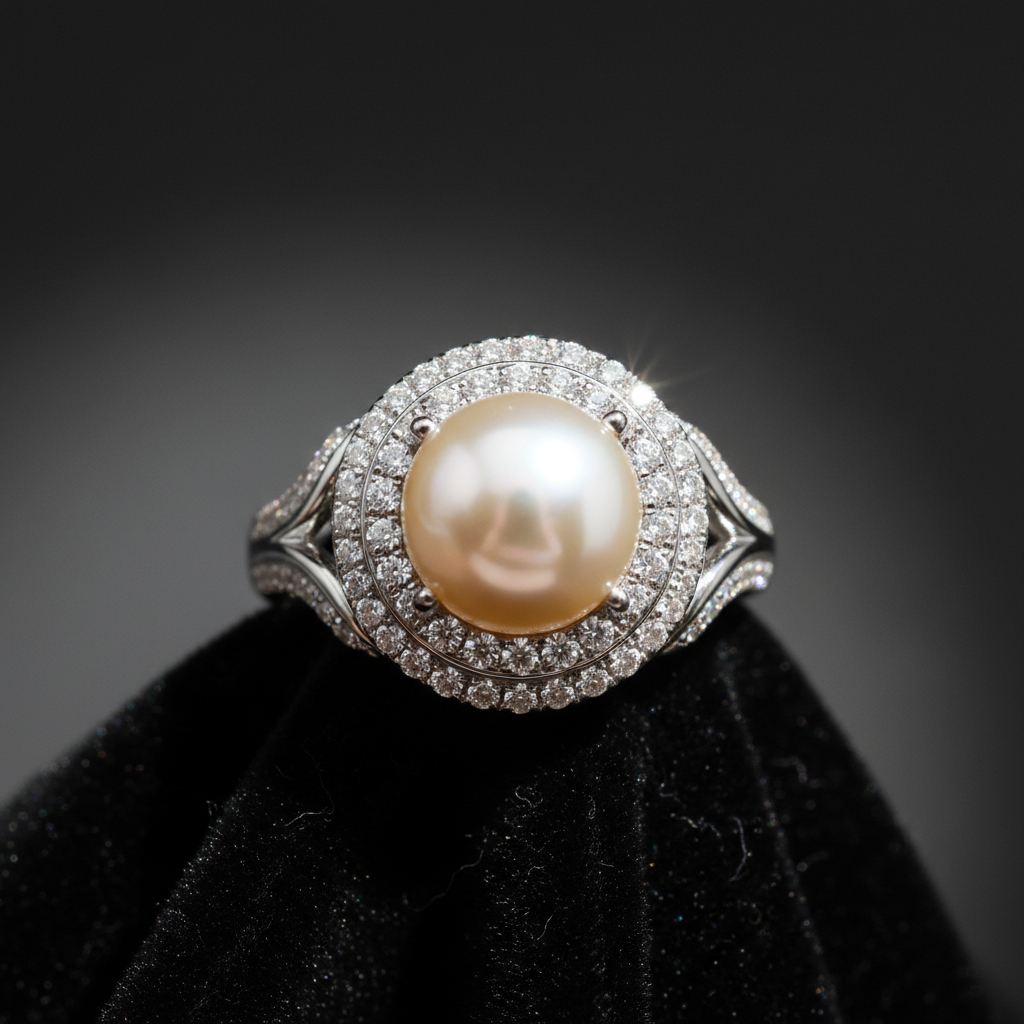 South Sea pearl ring with diamond halo