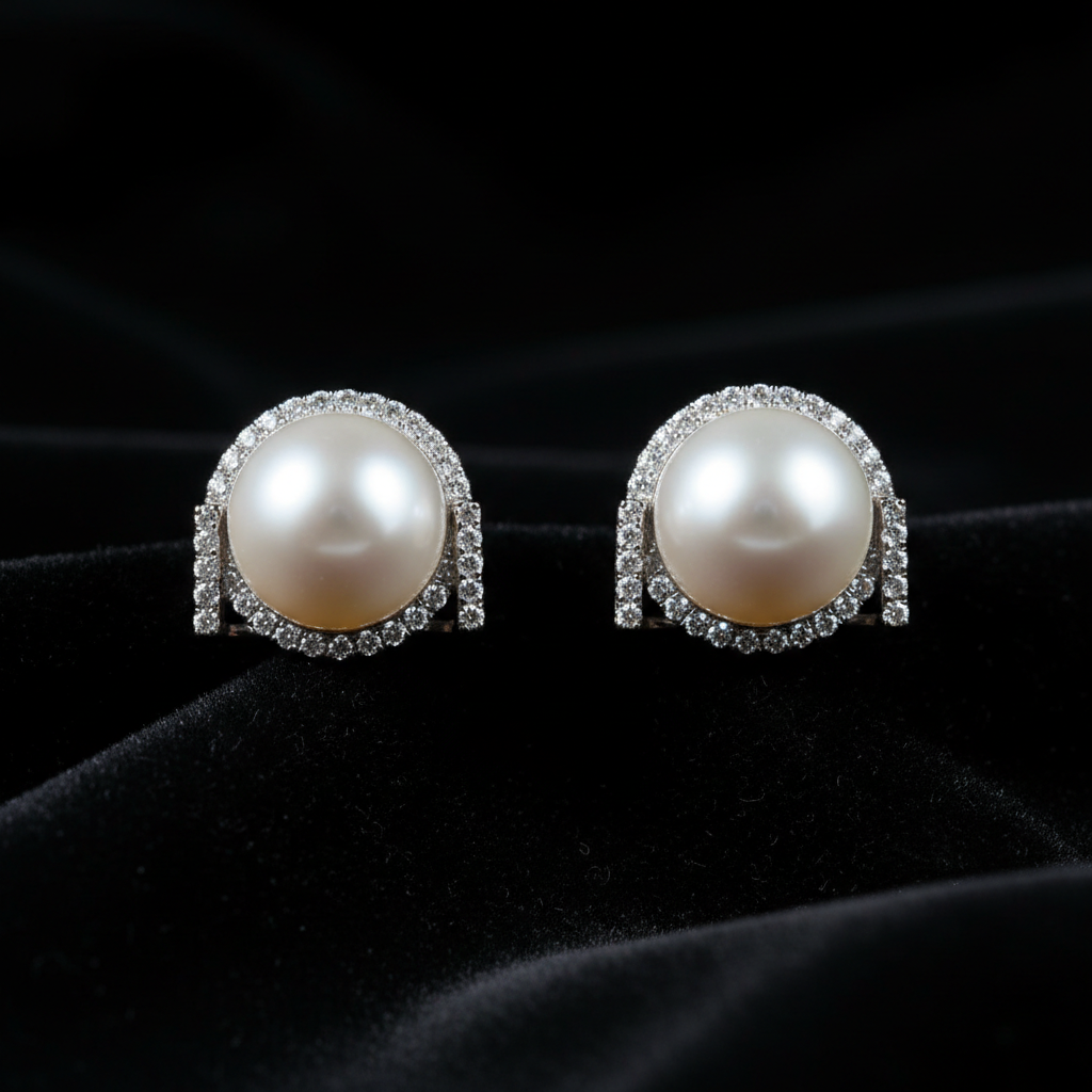 Freshwater pearl stud earrings with diamond accents