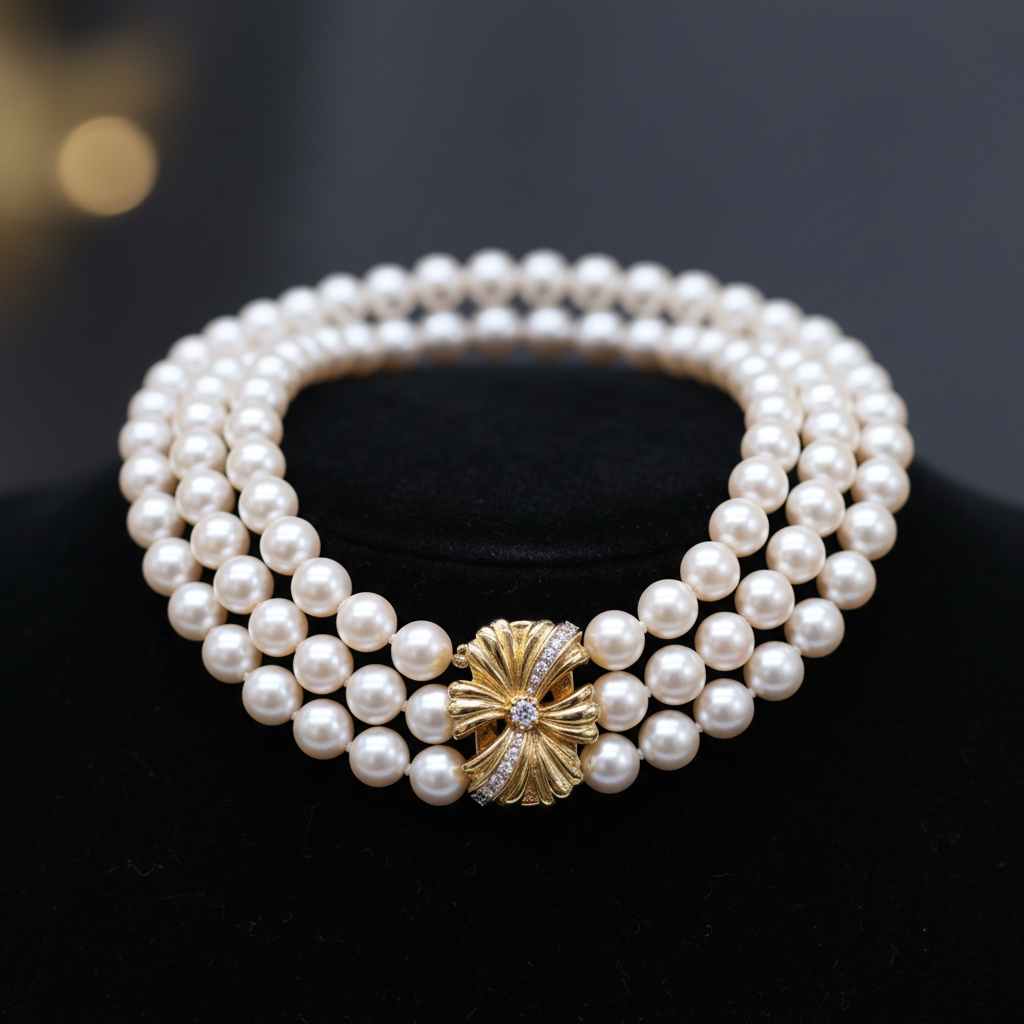 Akoya pearl multi-strand necklace with gold clasp